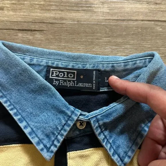 Vintage Polo Ralph Lauren Denim Collar Striped Rugby Polo Shirt Size Large - Picture 3 of 5